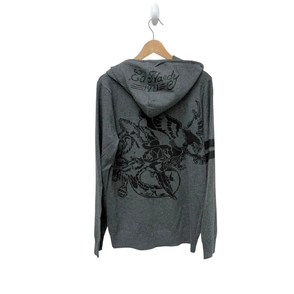 NWT Ed Hardy Eagle Wool Angora Blend Full Zip Hoodie Sweater Gray Size Large
